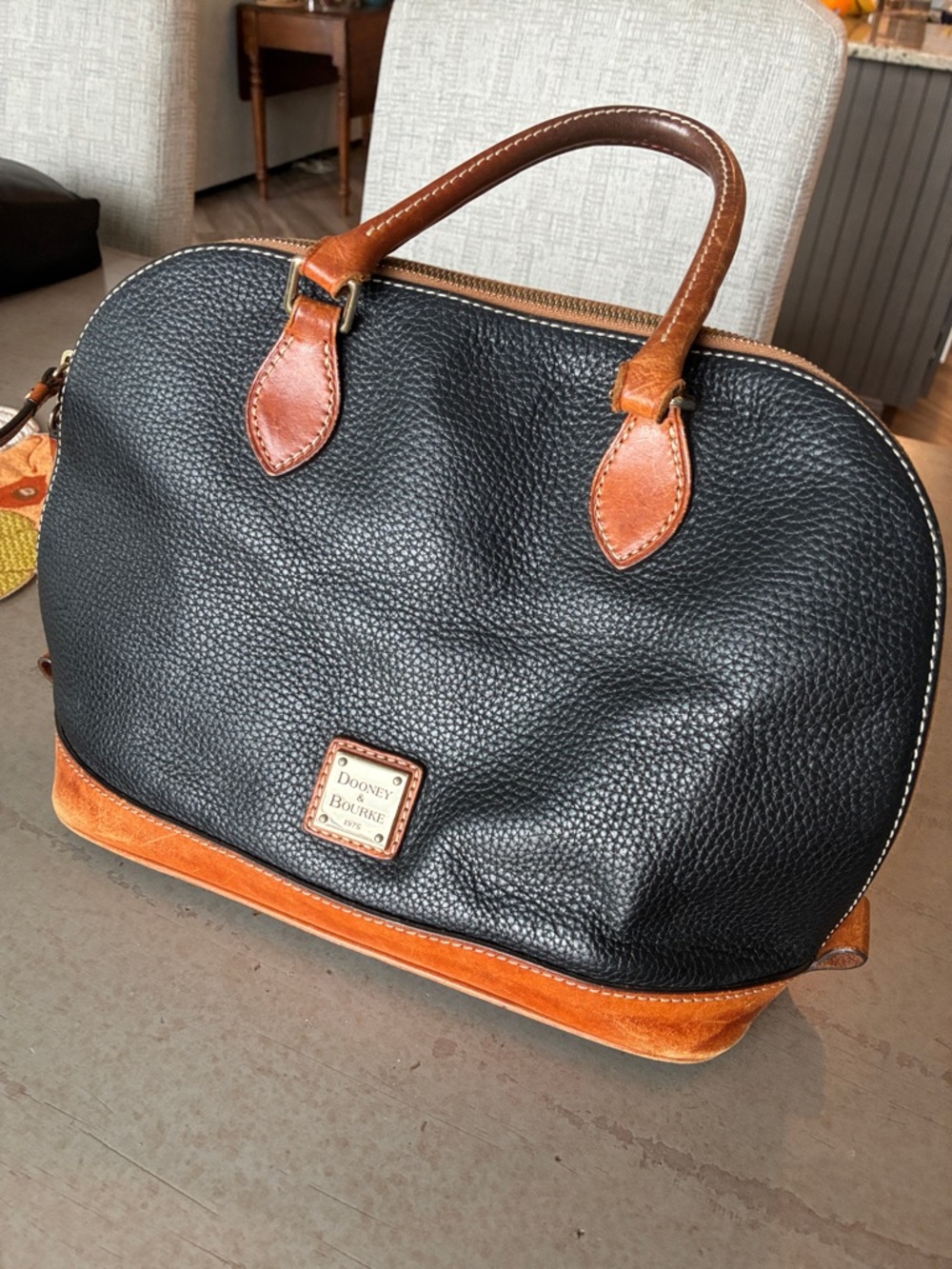 Dooney & Bourke Black Pebbled Leather Dome Satchel with Tan Trim